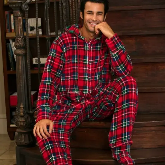 Men's Warm Fleece One Piece Hooded Footed Zipper Pajamas Set, Soft Adult Onesie Footie with Hood for Winter image {5}