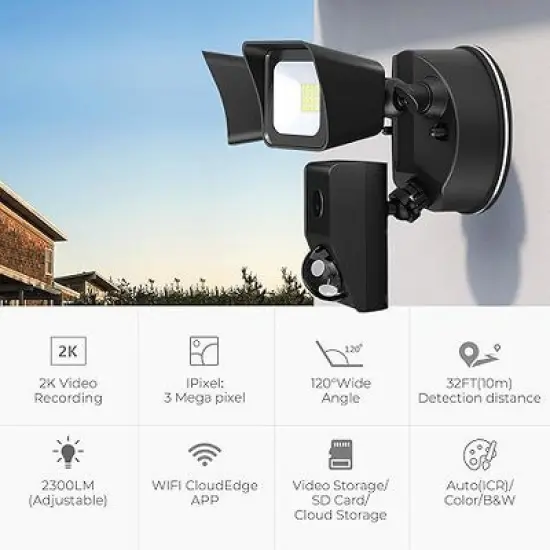 R.W.FLAME Floodlight Camera,  2300LM LED, 2K HD, 2-Way Audio, IP65, 110dB Siren, Night Vision, Cloud & Local Storage image {1}