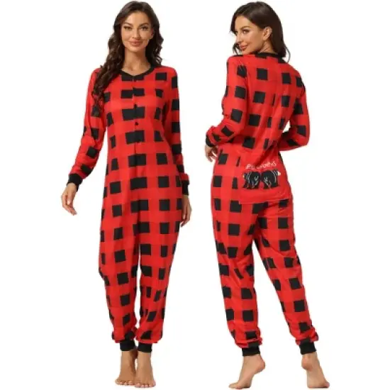 cheibear Christmas Jumpsuits Holiday Long Sleeve Loungewear Plaid Family Pajama Sets Red Plaid image {1}
