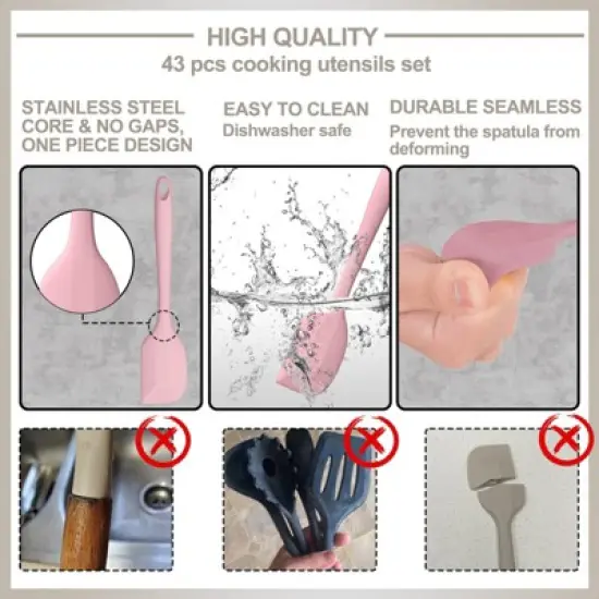 Itopfox Silicone Cooking Kitchen Utensil Set, 43 Pcs Pink Cooking Utensils with Turner, Tongs, Spoon, Spatula, Heat Resistant for Nonstick Cookware image {5}