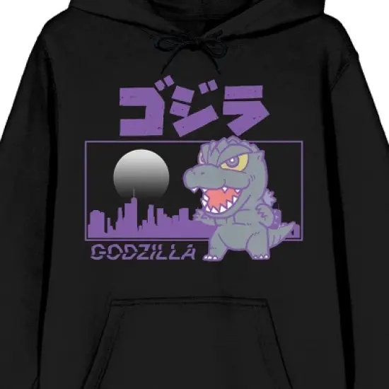 Godzilla Classic Chibi Tokyo Rampage Long Sleeve Black Adult Hooded Sweatshirt image {1}