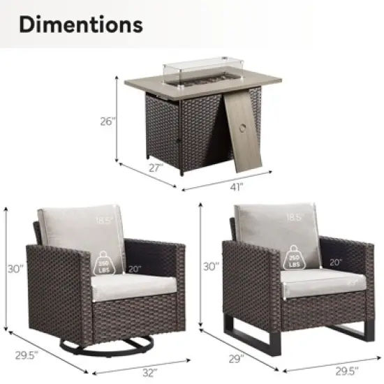 Buenhomino Patio Wicker Furniture Set with Fire Pit Table, PE Rattan Swivel Patio Chairs with Propane Fire Pit Table, 5PCS Patio Conversation Set image {2}