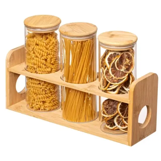 Basicwise 3 Pcs 30oz Glass Jars with Bamboo Shelf for Storing Coffee, Sugar, and Grains, Airtight Canisters for Nuts, Pasta.Ideal for Kitchen & Pantry image {8}