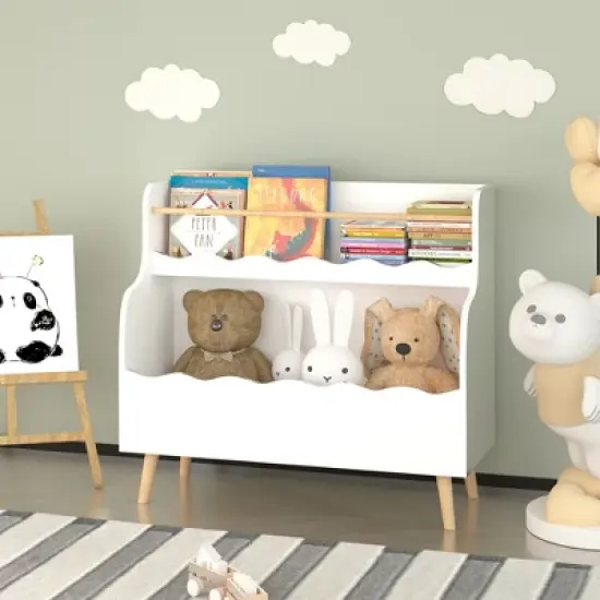 KWPZQEB Wooden Kids Bookshelf 2-Tier, Montessori Bookshelf with Legs, Scalloped Book Shelf for Bedroom Playroom Living Room, White image {5}