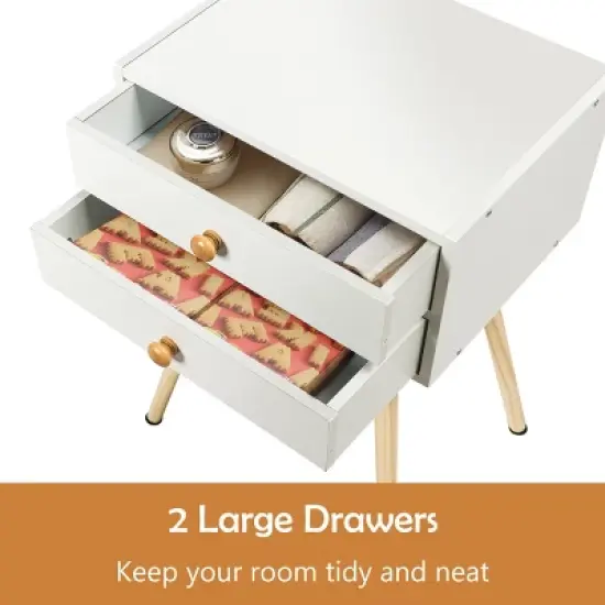 Costway Mid Century Modern 2 Drawers Nightstand In White Sofa Side Table End Table image {6}