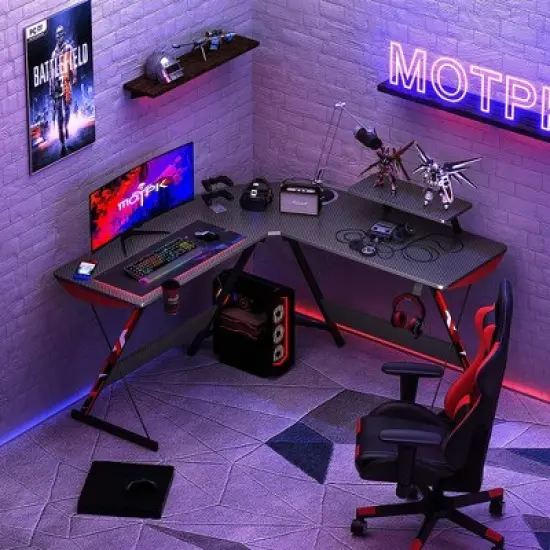 MOTPK L-Shaped Carbon Fiber Computer Gaming Desk with Raised Monitor Shelf, Built In Cup Holder, Headphone Hook, & Y-Shape Metal Frame image {4}