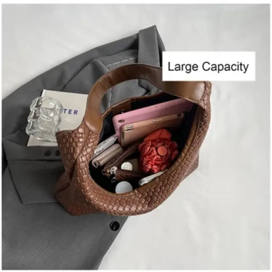 Woven Leather Tote Bag for Women Top-handle Shoulder Bag, Hobo Bags Large Capacity Soft Vegan Crossbody Handbag Underarm (black) image {4}