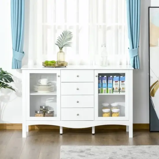 HOMCOM Modern Sideboard, Serving Buffet Cabinet, Cupboard with Glass Doors, Drawers and Adjustable Shelves for Living Room, White image {2}