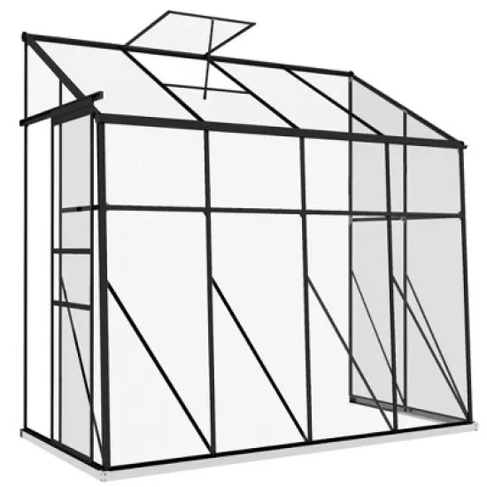 Outsunny Lean-to Polycarbonate Greenhouse with Sliding Door, Roof Vent, Rain Gutter, Walk-in Aluminum Hot House, Black image {5}