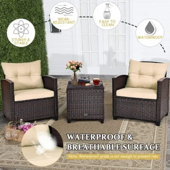 Costway 3PCS Patio Rattan Furniture Set Cushioned Conversation Set Sofa image {5}