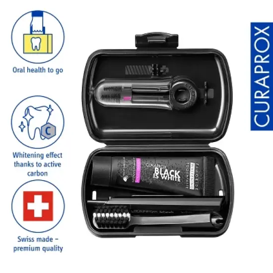 Curaprox Travel Set, Black is White, Ultra Soft Toothbrush + Interdental Brush + Toothpaste &ndash; Gentle, Stylish, Effective image {1}