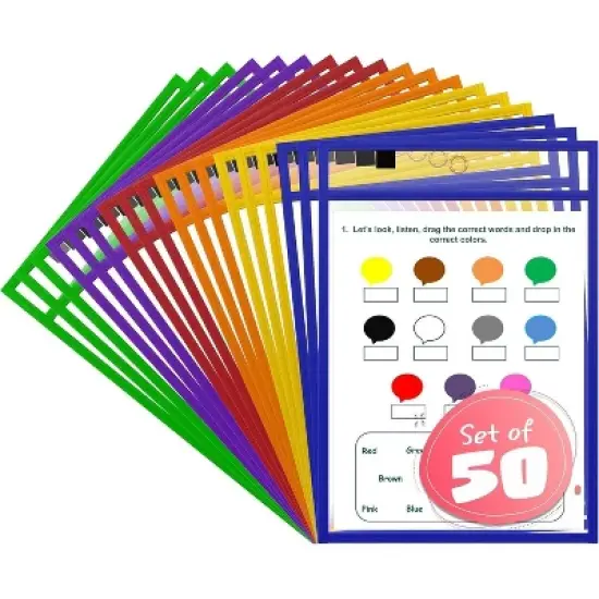 SCRIBBLEDO Reusable Dry Erase Pockets 50-Pack &ndash; Colorful Write & Wipe Sleeves for 8.5"x11" Worksheets image {7}