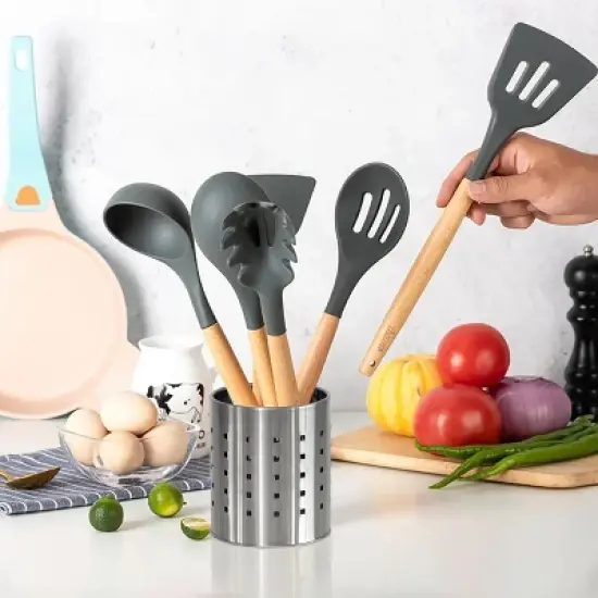 Basicwise Round Metal Utensil Holder &ndash; Countertop Organizer with Drain Holes for Spoons, Spatulas, Cutlery & More, Stylish Silver Kitchen Storage image {1}