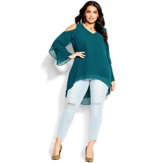 Women's Plus Size Hi Lo Cold Shoulder Top - teal | CITY CHIC image {7}