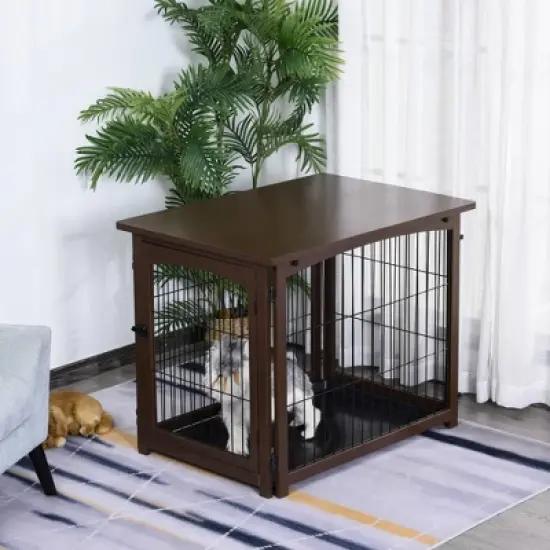 PawHut Wooden Decorative Dog Cage Pet Crate with Fence Side Table Small Animal House and Tabletop, Brown image {2}