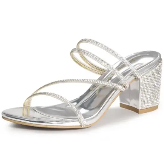 Allegra K Women's Strappy Rhinestone Block Heel Slide Sandals image {7}