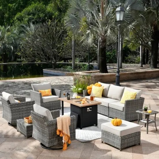 Ovios Tenaya 10pc Wicker Outdoor Patio Furniture Set Conversation Sofa with a Storage Fire Pit, Swivel Chairs and Cushions image {17}
