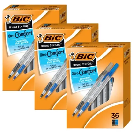 Bic Round Stic Grip Xtra Comfort Ballpoint Pens, Medium Point (1.2mm), Assorted Colors, 36 Per Pack, 3 Packs image {1}