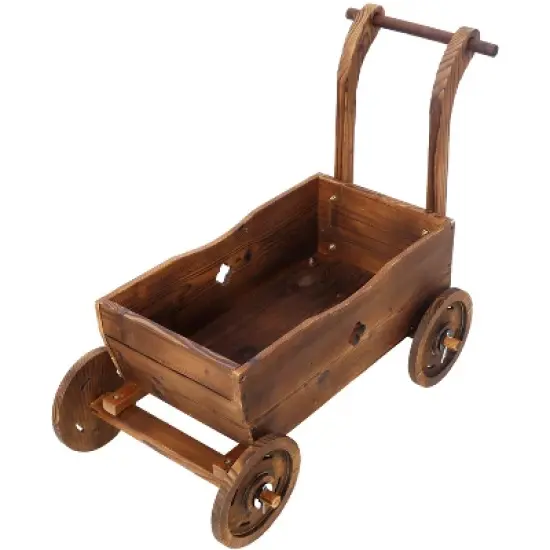 Wooden Wagon Planter Box, Mobile Garden Planter with 4 Wheels, Handle, Drain Hole, Decorative Flower Planter Brown image {3}