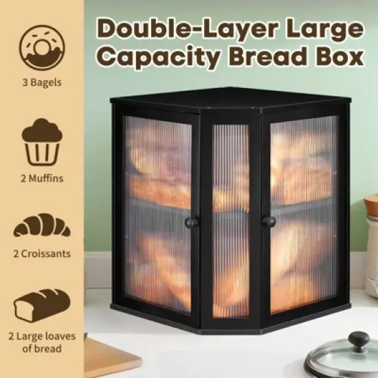Unique Bargains Bamboo Acrylic Wavy Double Door Panel Large Corner Bread Container Black image {2}