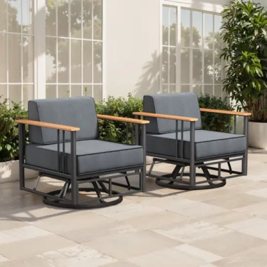 Belord Swivel Patio Chairs Set of 2 with 6" Thick Seat Cushion, Metal Outdoor Swivel Glider Chairs with Faux-Wood Armrest and Comfort Foam Cushion image {2}