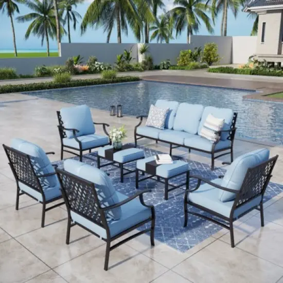 Captiva Designs 7pc Metal Patio Outdoor Conversation Set with Grid-back Armchairs, Ottomans for Garden, Poolside, Backyard image {14}