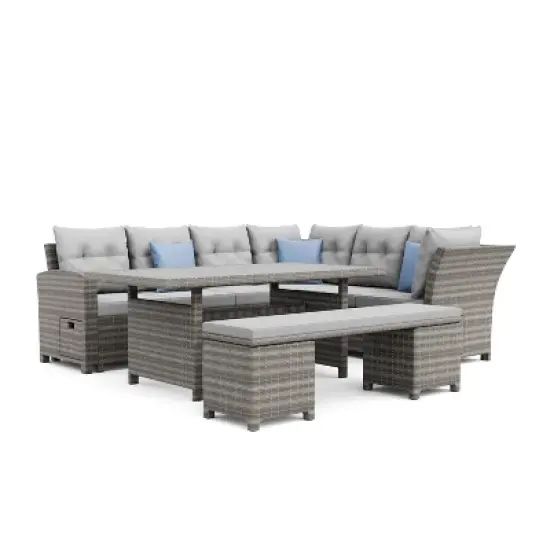 Greemotion 6pc Malia Outdoor Patio Dining Sectional with Table And Bench Gray: UV-Resistant, Aluminized Finish, Storage image {6}