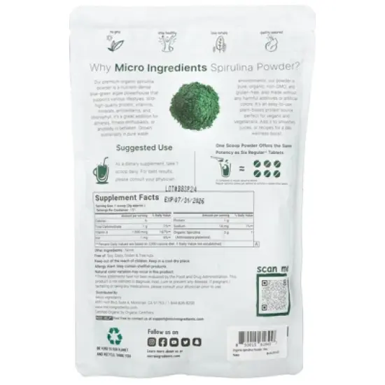 Micro Ingredients Organic Spirulina Powder, 1 lb (454 g) image {1}