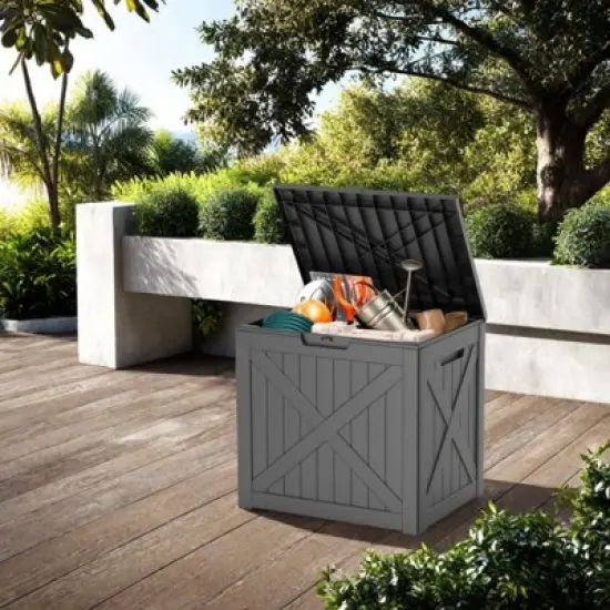 DSVIMOY Deck Boxes, 32 Gal Outdoor Storage Deck Box, Small Patio Storage Bin for Garden Tools, Black, 22.09"*17.09"*20.87" image {4}
