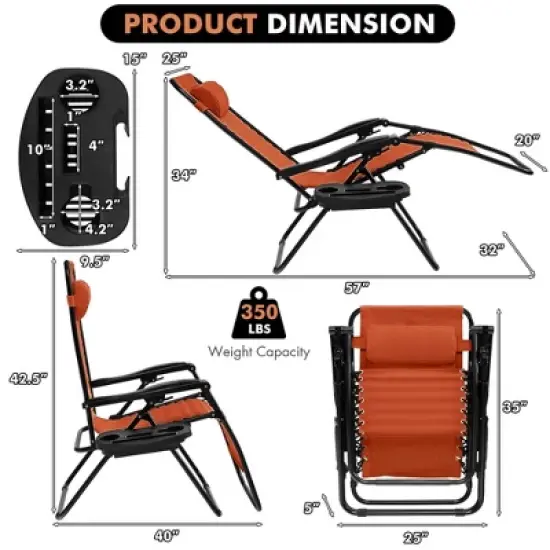 Costway Folding Zero Gravity Reclining Lounge Chairs Beach Patio with Utility Tray Orange image {2}