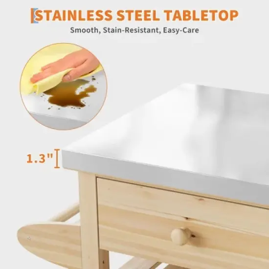 TROPOW Solid Wood Outdoor Grill Cart &uml;C Stainless Steel Top Kitchen Island with Lockable Wheels for Patio/Garden (Natural Wood Color) image {7}