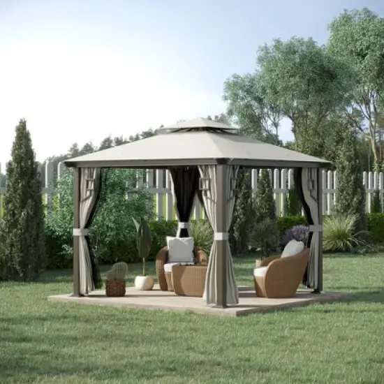 Outsunny 10' x 10' Patio Gazebo Outdoor Canopy Shelter with Aluminum Frame, Double Tier Roof, Netting and Curtains for Garden, Lawn, Cream White image {1}
