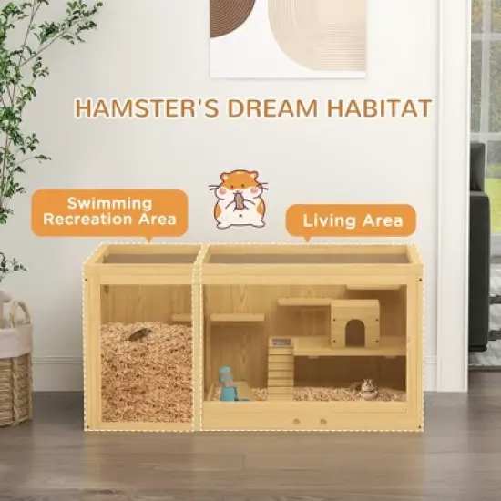 PawHut Wooden Hamster Cage, Extra Large Gerbil Cage Activity Center for Dwarf Hamster with Pull-Out Tray, Seesaws, Water Bottle, Ladder image {4}