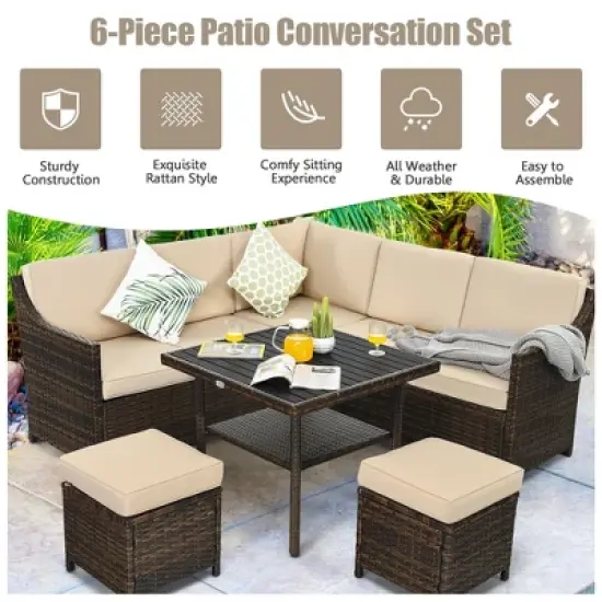 Costway 6PCS Patio Rattan Dining Sofa furniture Set Ottoman Table Lower Shelf image {3}