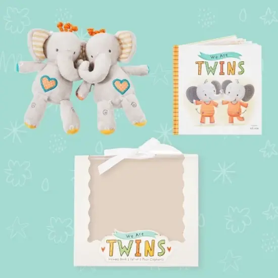Tickle & Main We are Twins, Baby and Toddler Twin Gift Set, Keepsake Book and Set of 2 Plush Elephant Rattles for Boys and Girls image {1}