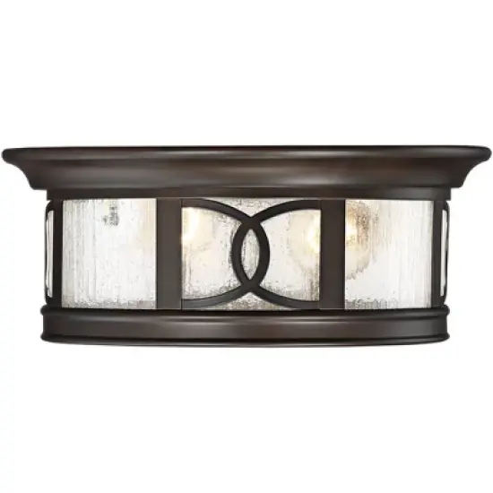 John Timberland Modern Flush Mount Outdoor Ceiling Light Fixture Mission Oil Rubbed Bronze Drum 12" Seedy Glass Damp Rated for Porch Patio image {4}