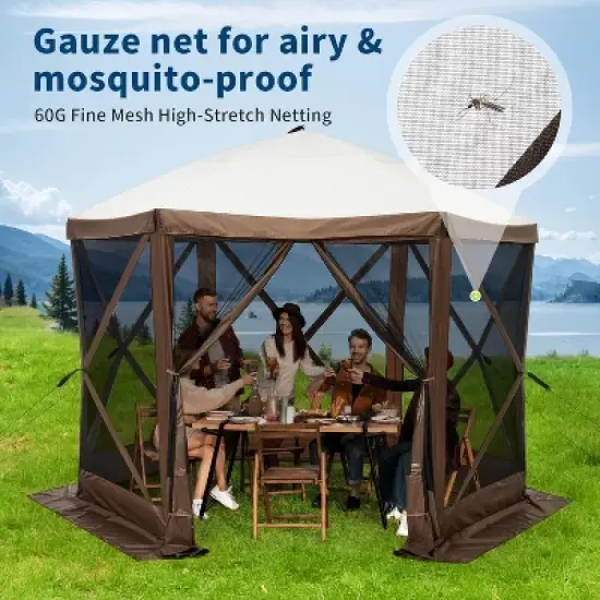 Hexagonal Pop-up Canopy Shelter Shade Tent with Mosquito Netting & Carry Bag, Portable Gazebo Tent for Camping Backyard Garden, Brown 11.5*11.5FT image {4}