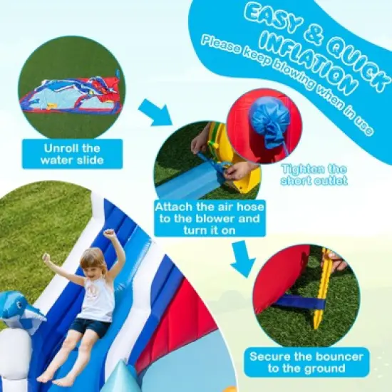 Tangkula Inflatable Water Slide Park Dolphin Theme Kids Bounce House w/ Long Slide 2 Splash Pools Climbing Wall (Without Blower) image {6}