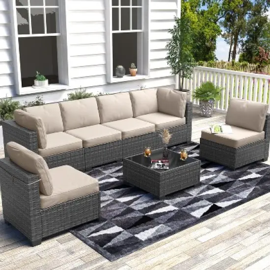 7-Piece Outdoor Patio Furniture Set, PE Rattan Wicker Sectional Modular Conversation Sofa Set with Thick Cushions & Glass Top Coffee Table image {13}