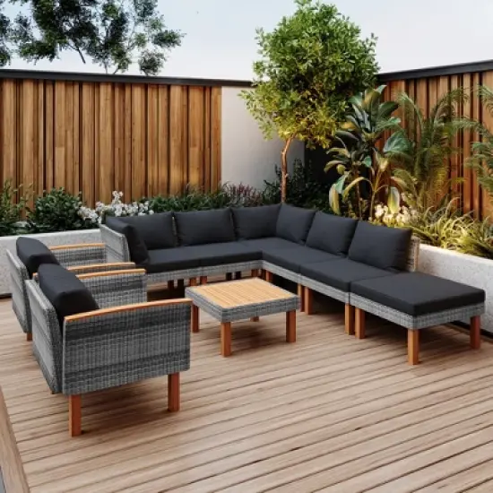 Whisen 9-Piece Patio Rattan Furniture Set & Outdoor Conversation Sectional Sofa Set with Coffee Table and Removable Cushions image {12}