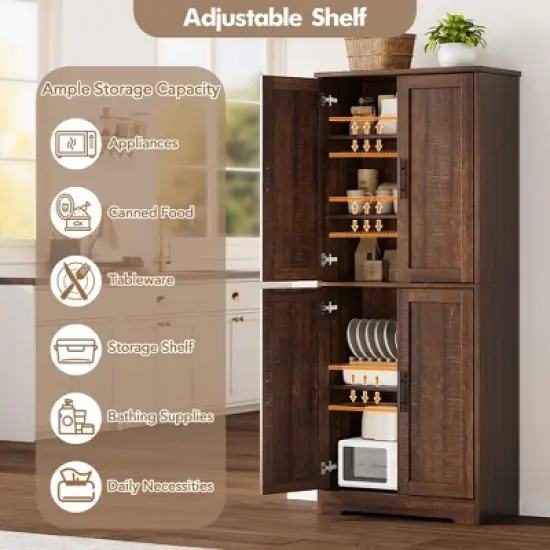 Freestanding 70" Tall Kitchen Pantry Cabinet with 4 Doors & Open Shelves, Adjustable Storage Cupboard for Dining Room, Bathroom, Living Room image {4}