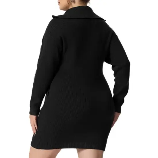 Agnes Orinda Women's Plus Size Knit Long Sleeve Zipper Collar Pullover Mini Sweater Dresses image {3}