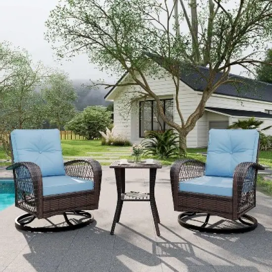 3 Pieces Outdoor Swivel Patio Rocking Chairs, Outdoor Wicker Patio Furniture, 2 Glider Chairs & Side Table, for Backyard, Garden, Balcony, Deck image {7}