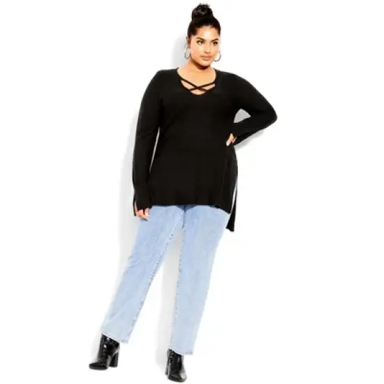 Women's Plus Size Longline Cross Sweater - black | CITY CHIC image {2}