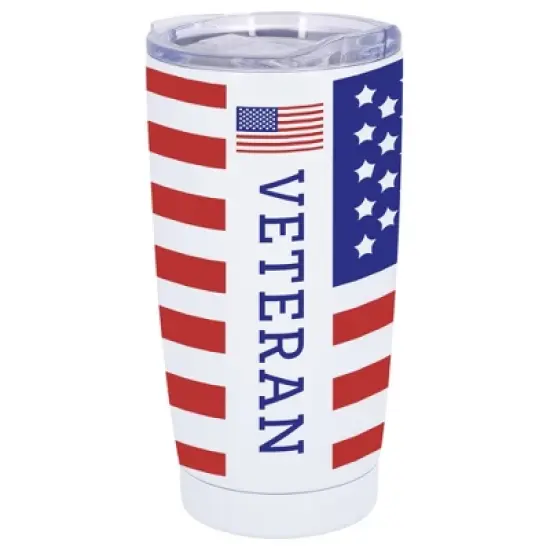 100 North 20 Ounce Stainless Steel On the Go Travel Tumbler With Push Top Lid, American Flag Veteran White image {5}