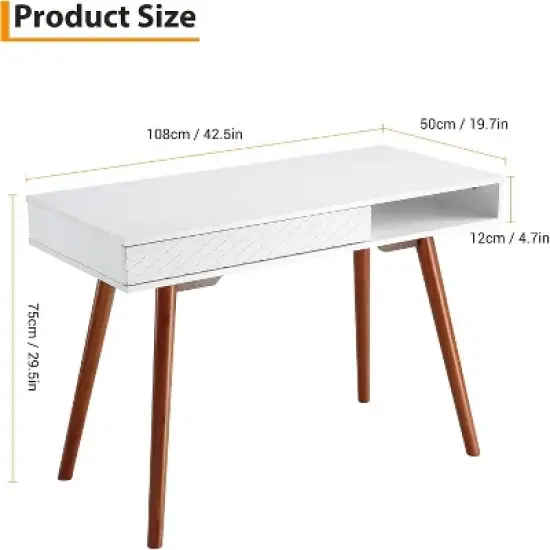 Acekool 42" Mid-Century Modern Computer Desk with Drawer and Open Storage Cubby, Home Office Desk for Gaming, Study, Writing, White image {2}