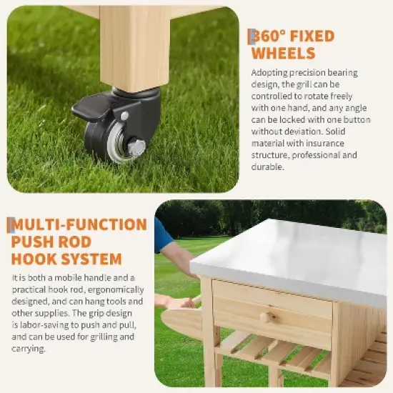 Acekool Outdoor Grill Cart, Wood Storage Cabinet with Stainless Steel Top, Lockable Wheels, Multi-Level Patio Bar Table for Kitchen & Garden image {4}
