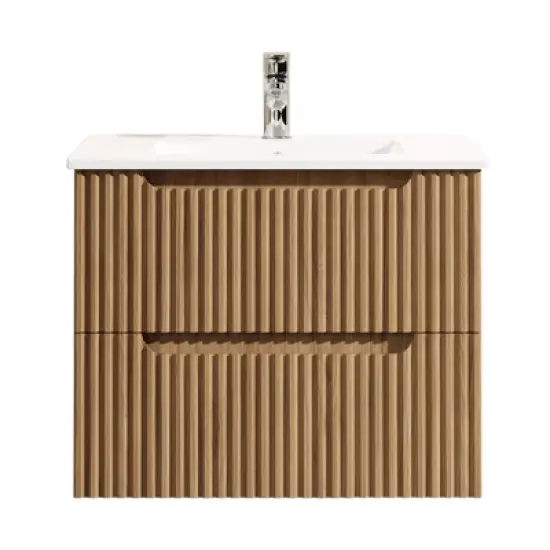 Wooakway 24" Walnut Floating Wall Mount Bathroom Vanity with White Sink image {3}