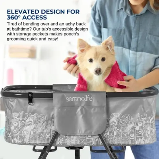 SereneLife Portable Dog Bath Tub with Built-in Drain System, Three-Point Leash Restraint - Gray/Black image {2}