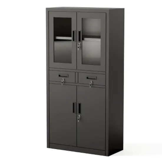Cabinet, Bookbox, Sliding Door, Drawer, Keyed, Spare Key Included, Movable Shelf, Steel, Steel Library, Locker, Storage, Office, Commercial Use,Black image {1}